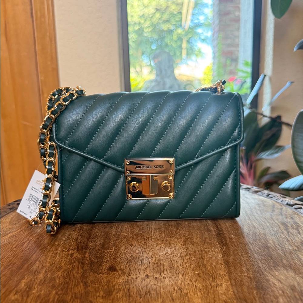 NWT - Michael Kors Quilted Dark Green Leather Crossbody with Gold Chain